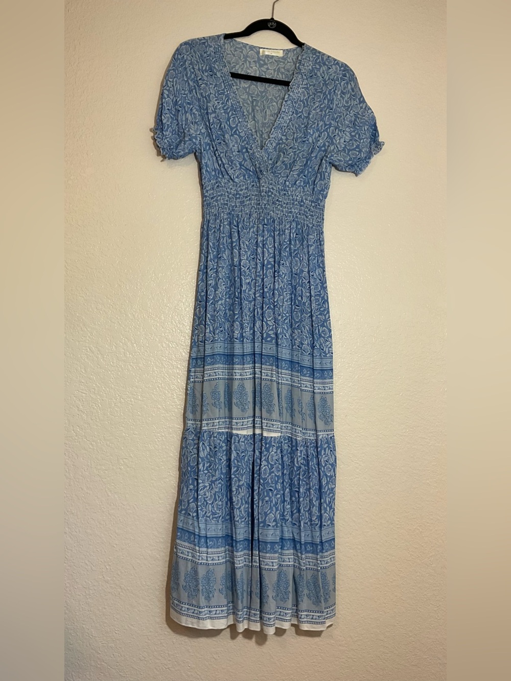 Seven Islands Blue Floral Smocked Waist Boho Midi Maxi Dress Size M